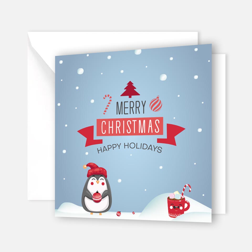 3 Weihnachtskarten (14,8x14,8cm) Motiv Pinguin mit 3 Kuverts