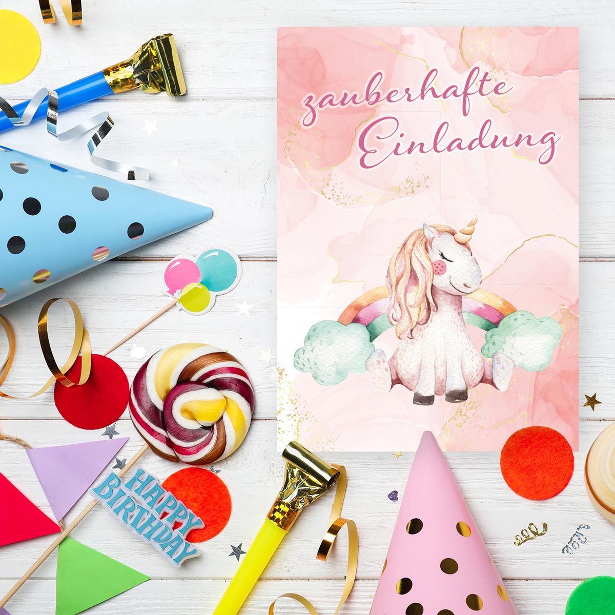 12 Einladungskarten Einhornmotiv Kindergeburtstag Kids Postkarten 14,8x10,5cm + 12 Umschläge Merz Designkarten