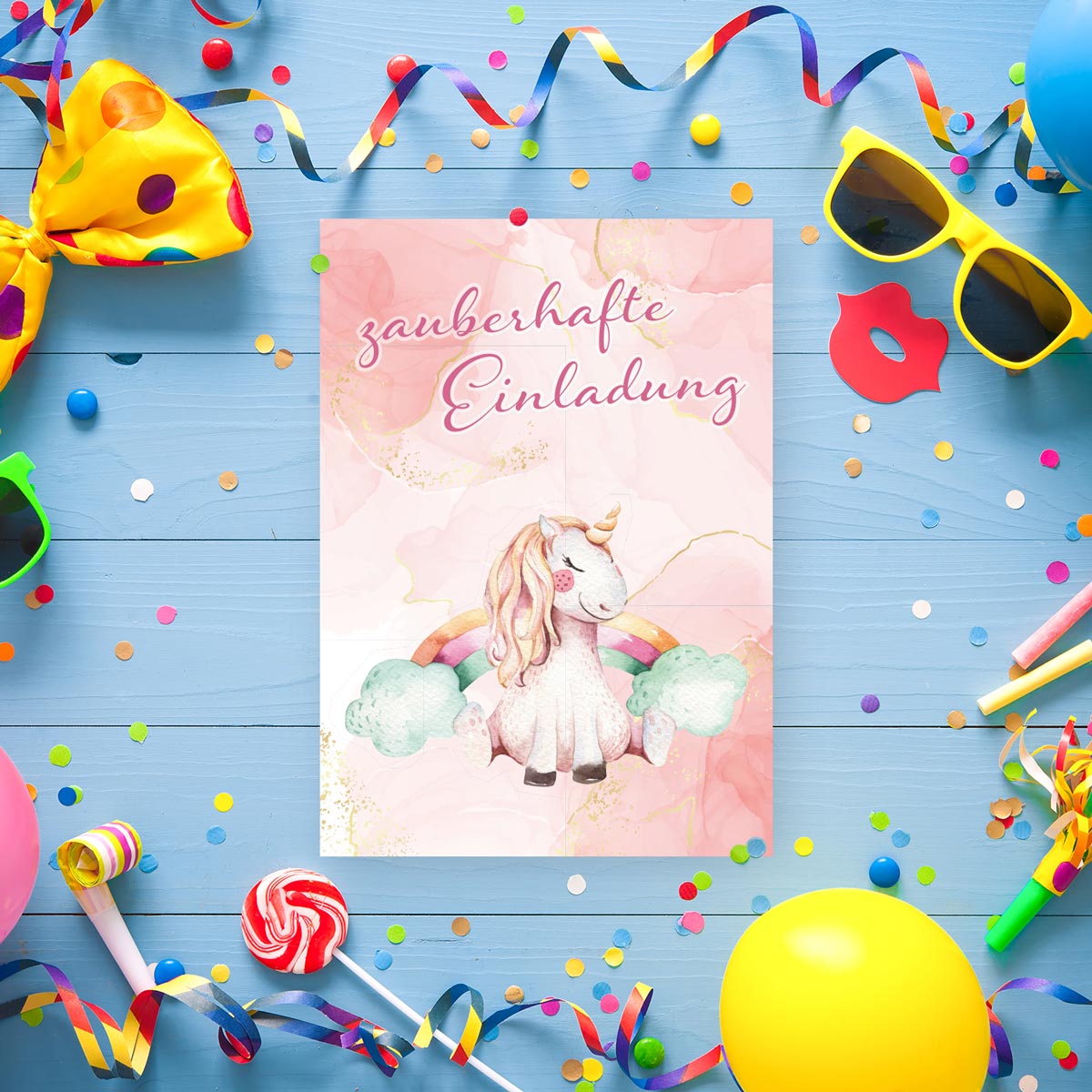 12 Einladungskarten Einhornmotiv Kindergeburtstag Kids Postkarten 14,8x10,5cm + 12 Umschläge Merz Designkarten
