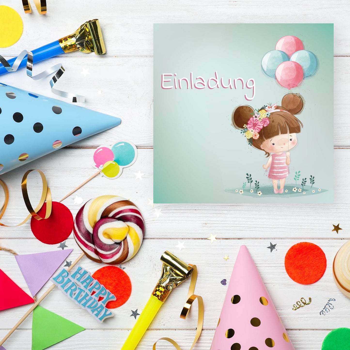 12 Einladungskarten Kindergeburtstag Mädchen Postkarten 14,8x14,8cm + 12 Kuverts Merz Designkarten