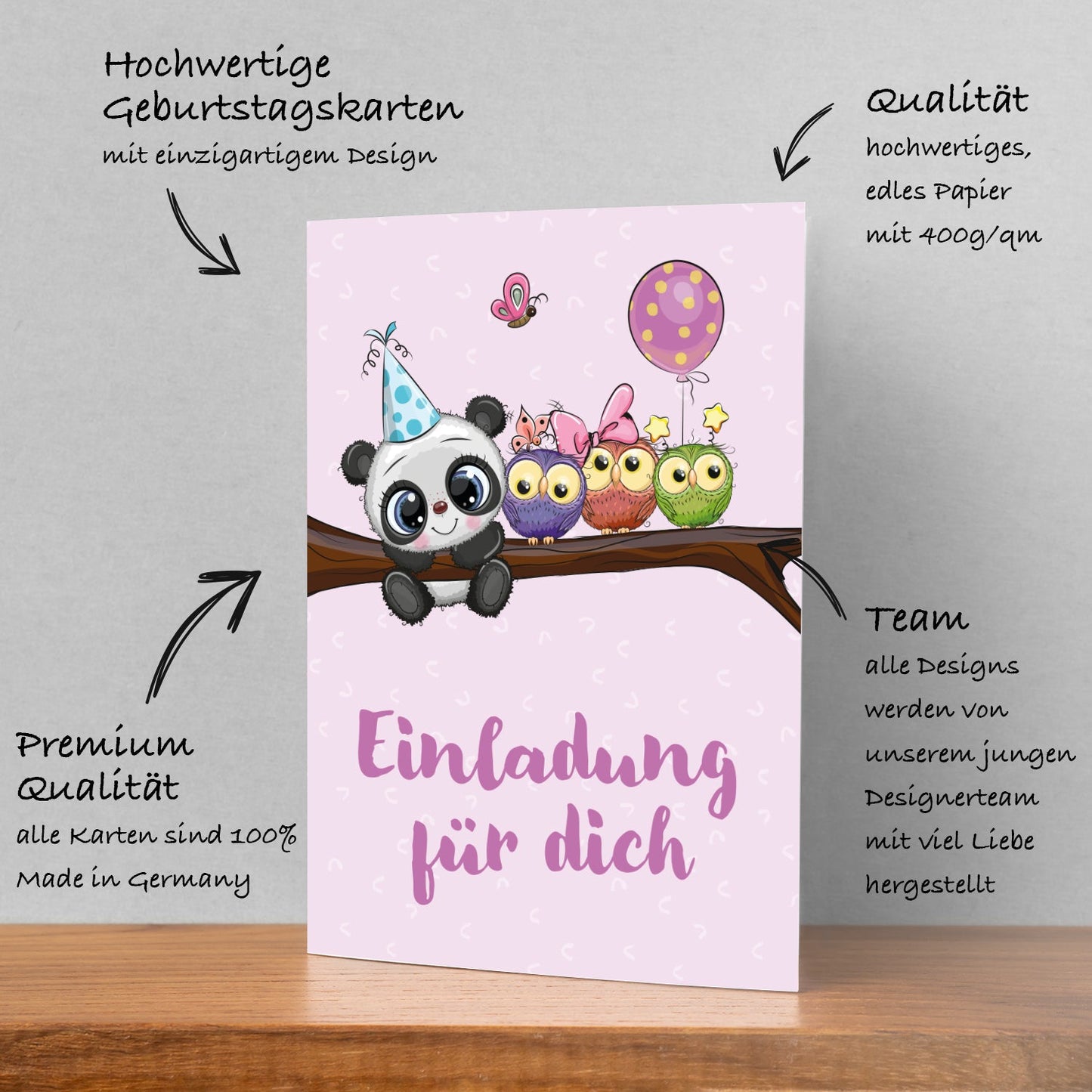 12 Einladungskarten Kindergeburtstag Panda Postkarten 14,8x10,5cm + 12 Umschläge Merz Designkarten