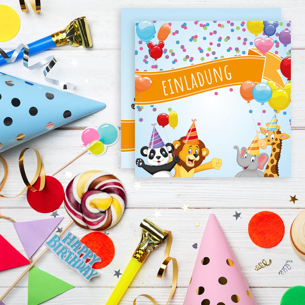12 Einladungskarten Kindergeburtstag Party Postkarten 14,8x14,8cm + 12 Umschläge Merz Designkarten