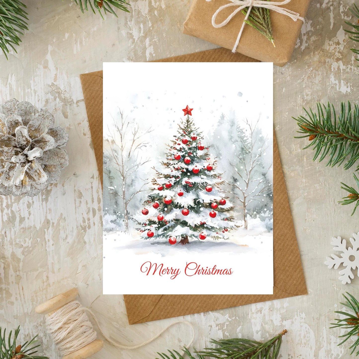 1 bezaubernde Weihnachtskarte - Klappkarte mit winterlichem Christbaummotiv und Umschlag