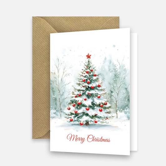 Stilvolle Weihnachtskarte: Weihnachtsbaum mit roten Weihnachtskugeln vor elegantem Hintergrund.