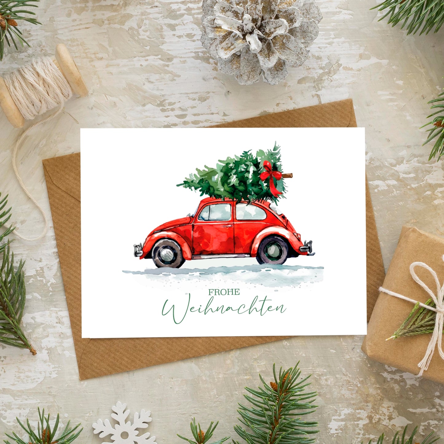 Einzigartige Weihnachtskarte mit Automotiv - Klappkarte mit braunem Umschlag