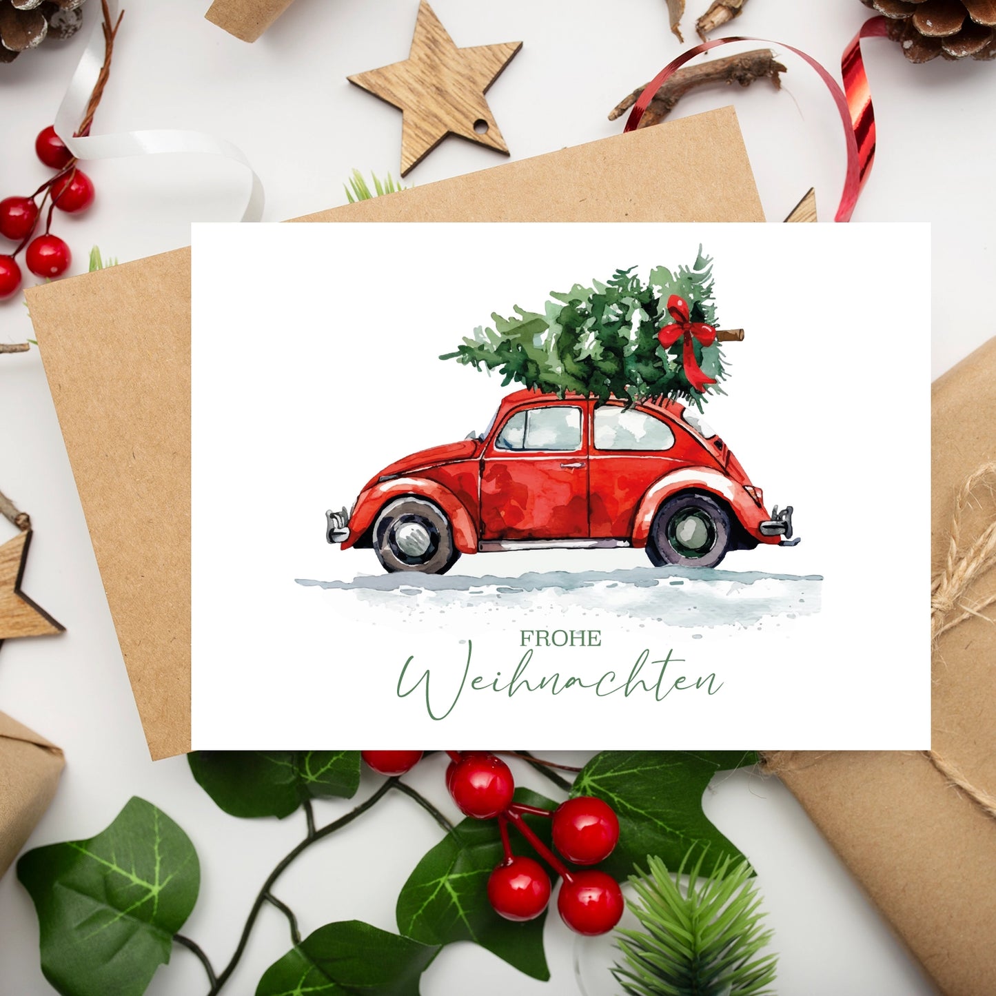 Einzigartige Weihnachtskarte mit Automotiv - Klappkarte mit braunem Umschlag