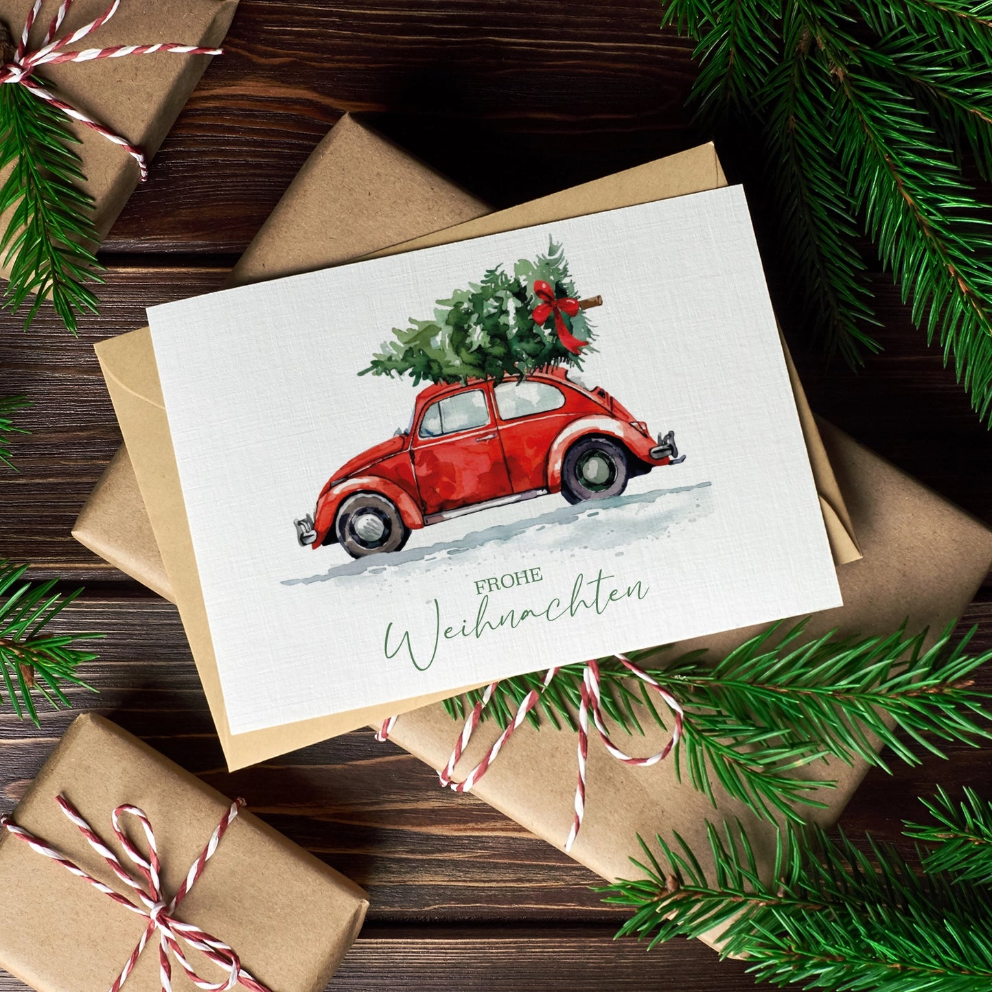 Einzigartige Weihnachtskarte mit Automotiv - Klappkarte mit braunem Umschlag