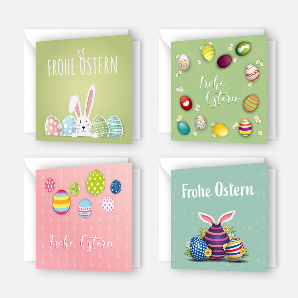 4 Premium Osterkarten Grußkarten Ostern Klappkarten mit Umschlag 14,8x14,8cm Merz Designkarten