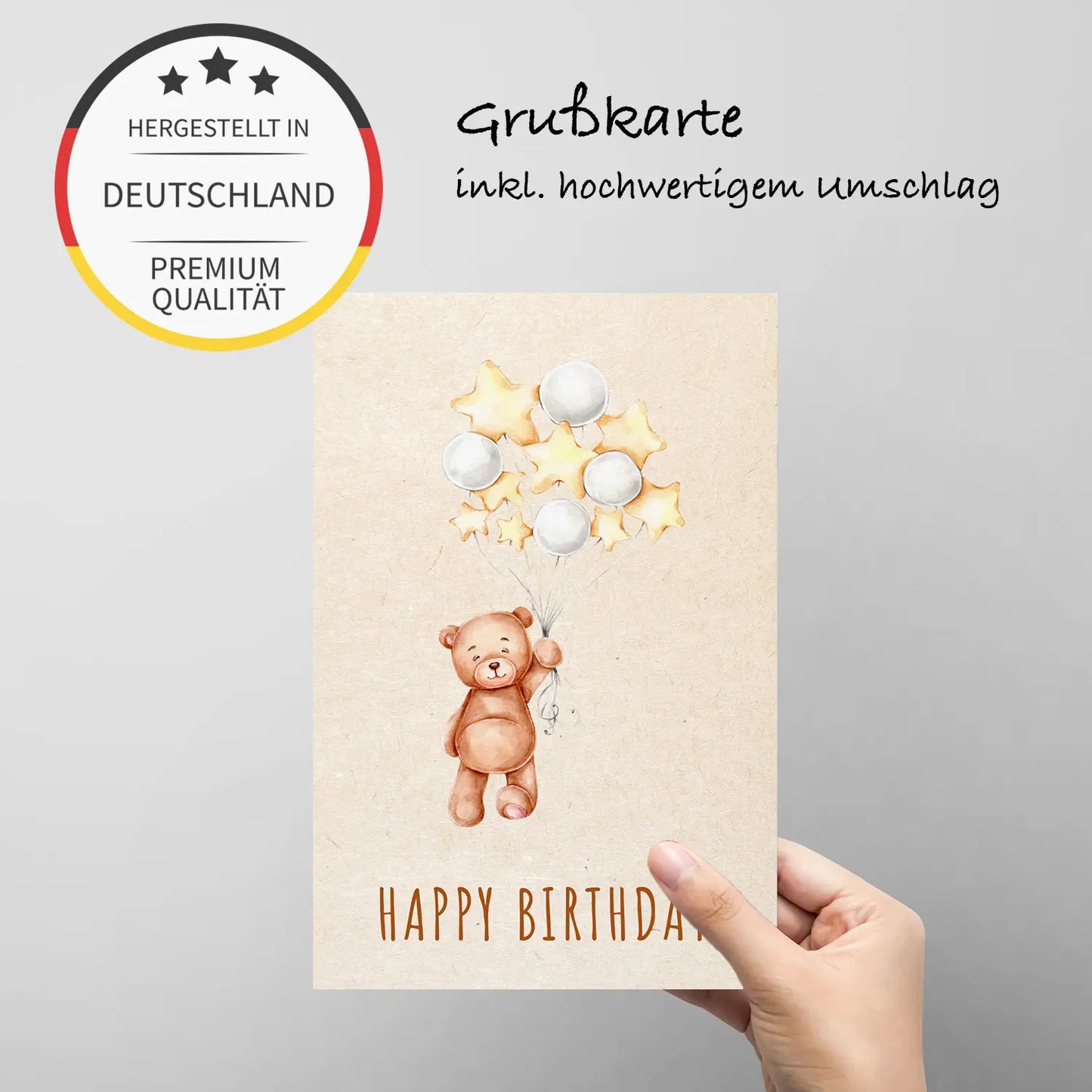 1 Premium Geburtstagskarte 18x12cm Happy Birthday Bärmotiv mit 1 weißem Umschlag