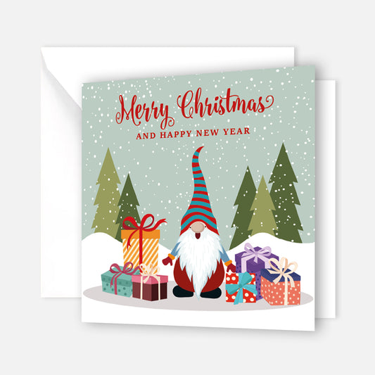 Quadratische Weihnachtskarte - Wichtel mit Geschenke  - Klappkarte mit weißem Kuvert - Merz Designkarten