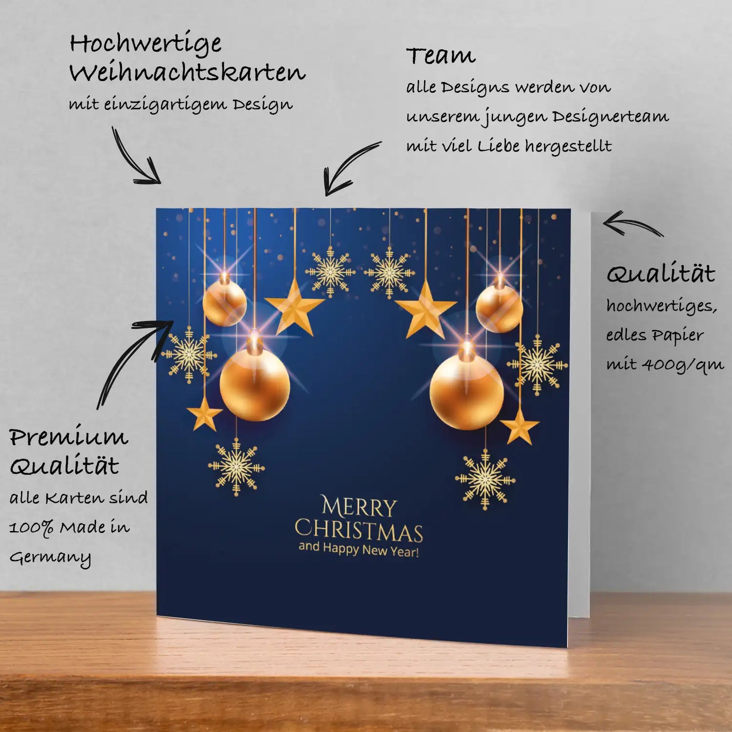 Festliche Weihnachtskarte in blau und gold - Klappkarte mit Kuvert - Merz Designkarten
