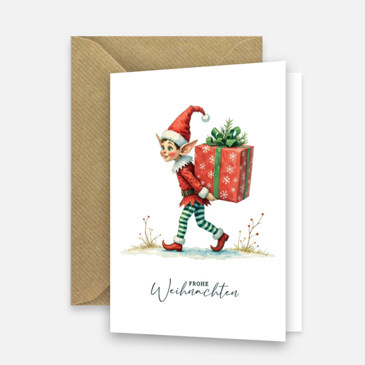 Einzigartige Weihnachtskarte mit Wichtelmotiv- Klappkarte mit braunem Umschlag - Merz Designkarten