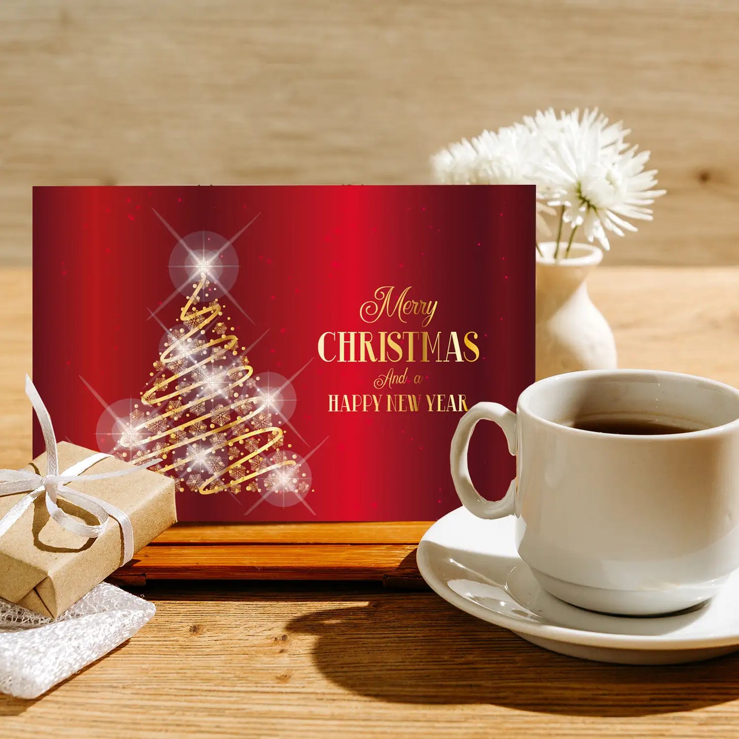 Edle Weihnachtskarte in rot und gold - Klappkarte mit Kuvert - Merz Designkarten