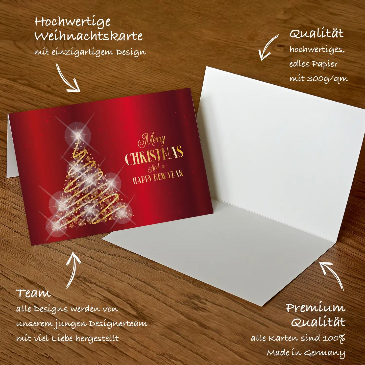 Edle Weihnachtskarte in rot und gold - Klappkarte mit Kuvert - Merz Designkarten