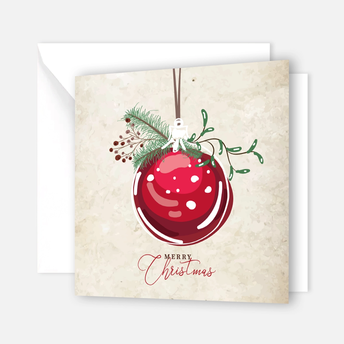 Quadratische Weihnachtskarte mit roter Baumkugel- Klappkarte mit weißem Kuvert