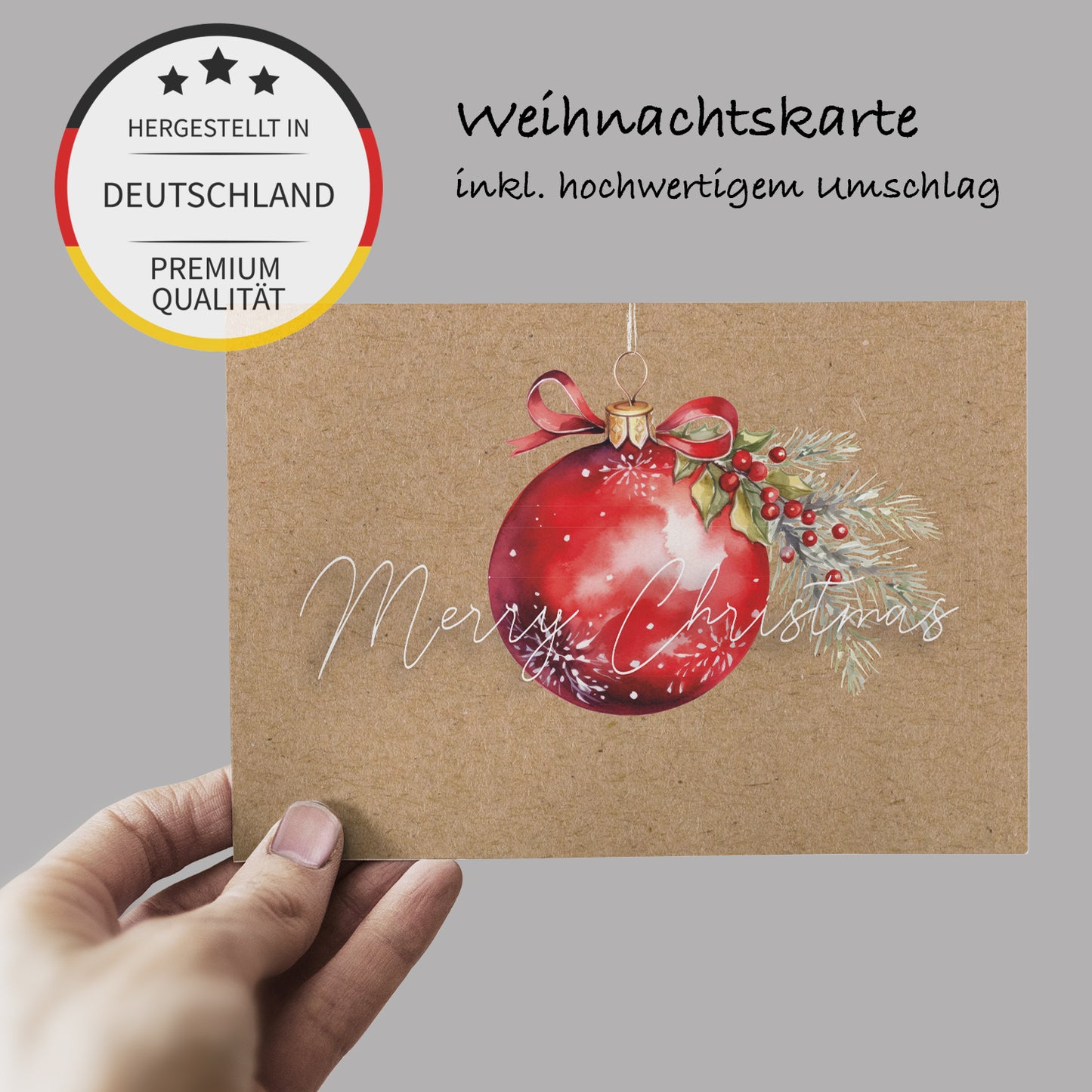 1 bezaubernde Weihnachtskarte mit Baumkugelmotiv -Klappkarte mit Umschlag 14,8 x 10,5cm - Merz Designkarten