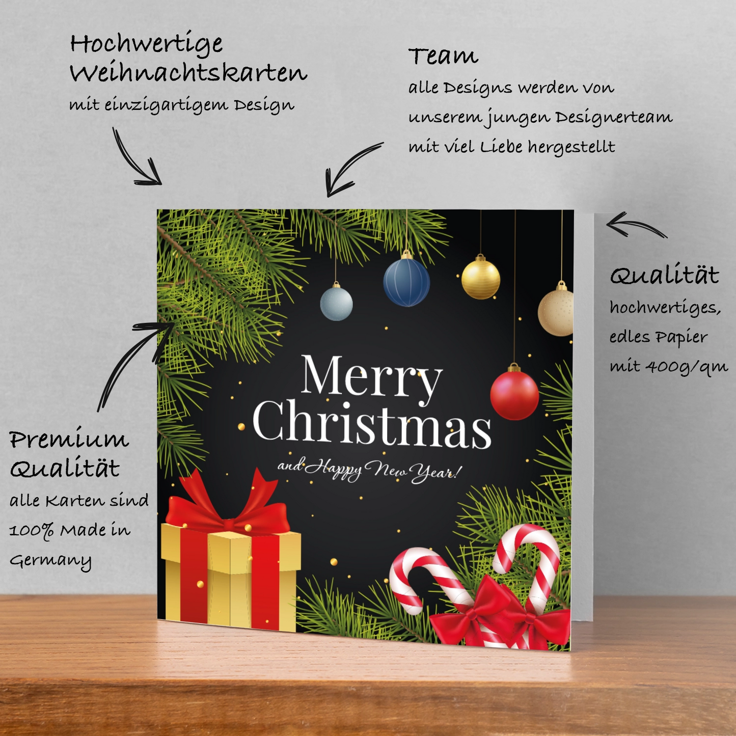 4 verschiedene Weihnachtskarten, Klappkarten mit 4 Kuverts - 14,8x14,8cm