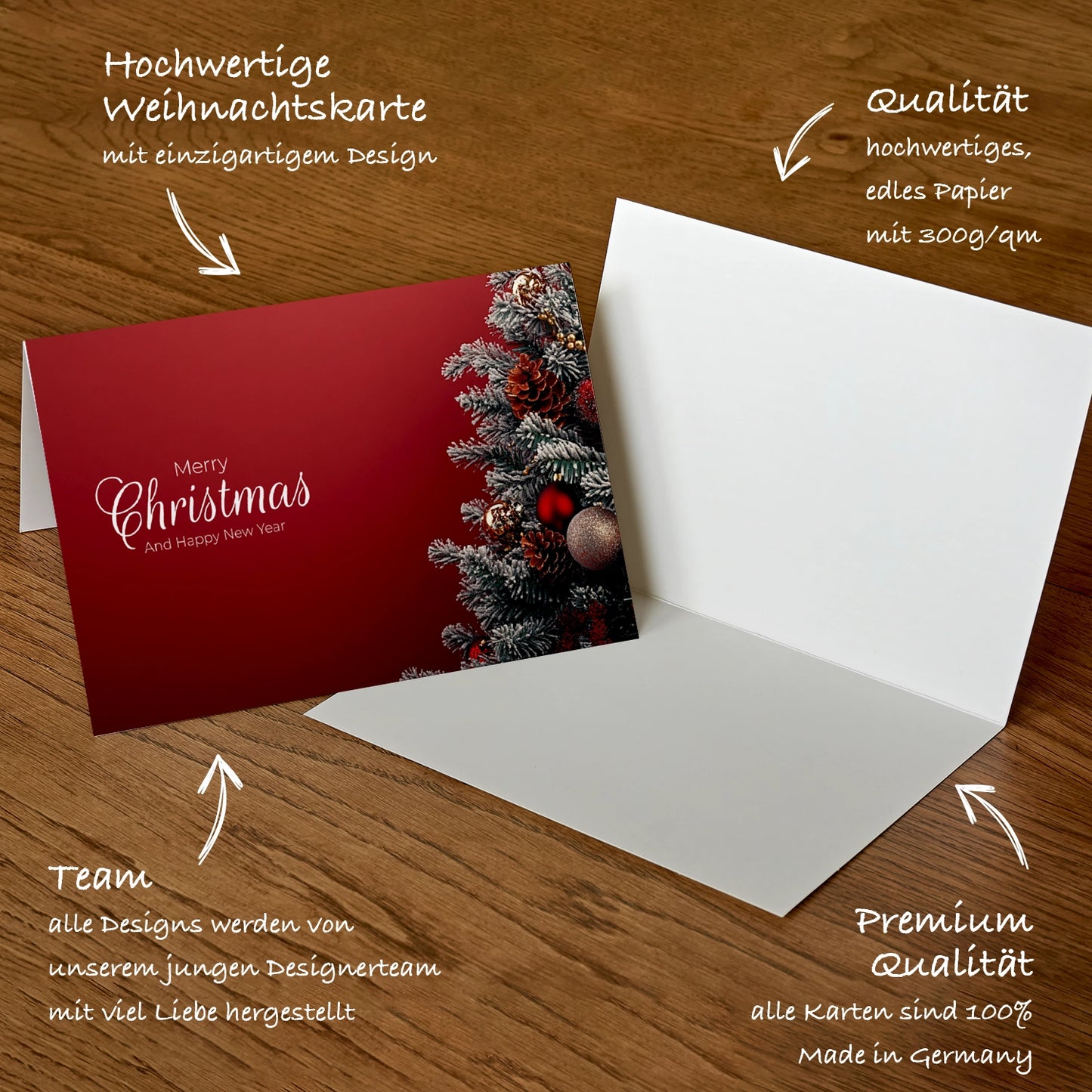 Edle Weihnachtskarte in rot mit Tannenbaum - Klappkarte mit Kuvert