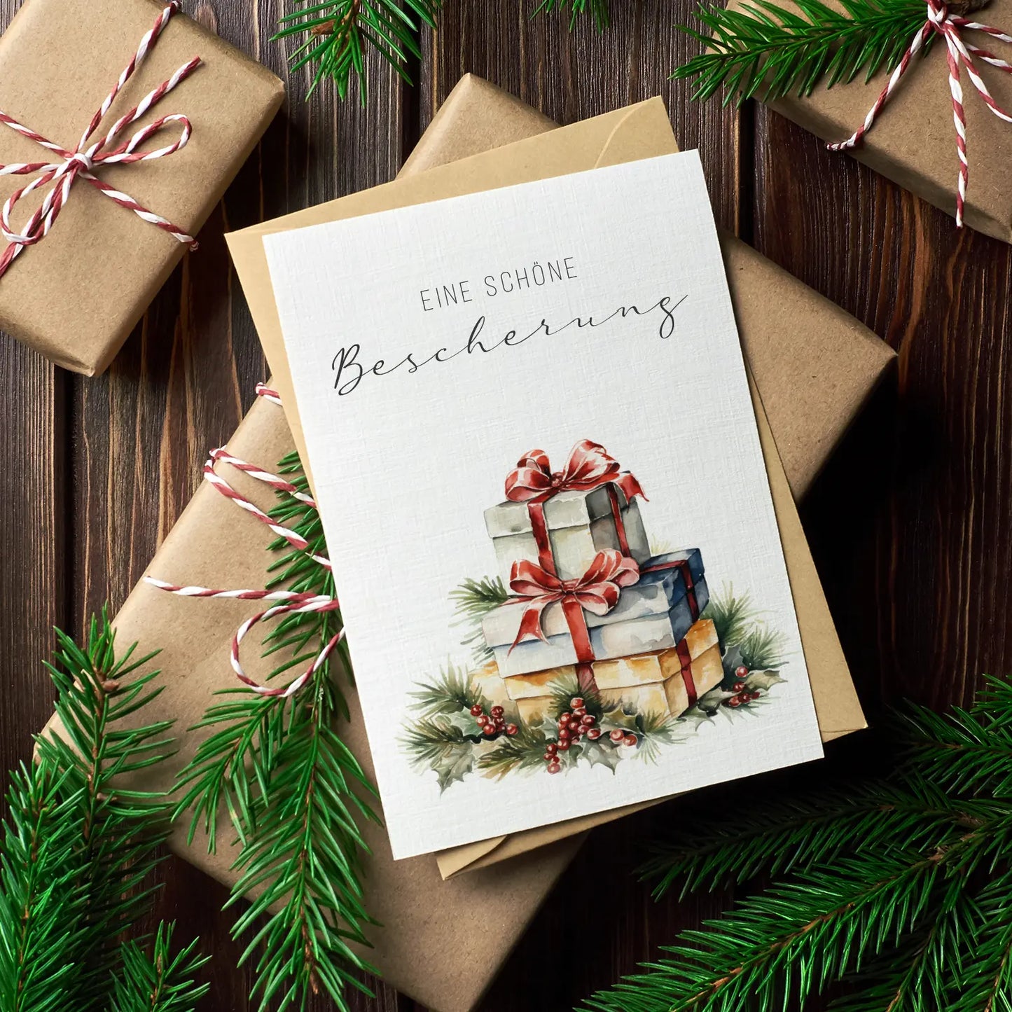 Einzigartiges 6er-Weihnachtskartenset mit 6 Aquarellmotive + 6 braunemUmschläge - Klappkarten