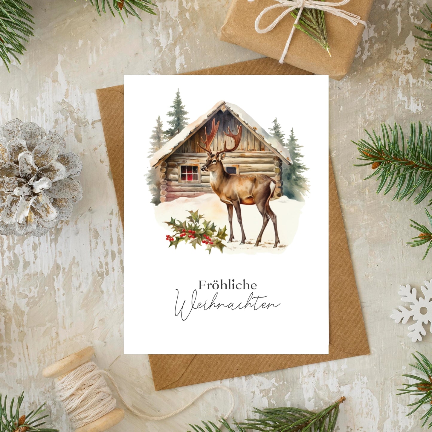 Einzigartige Weihnachtskarte mit Elchmotiv- Klappkarte mit braunem Umschlag