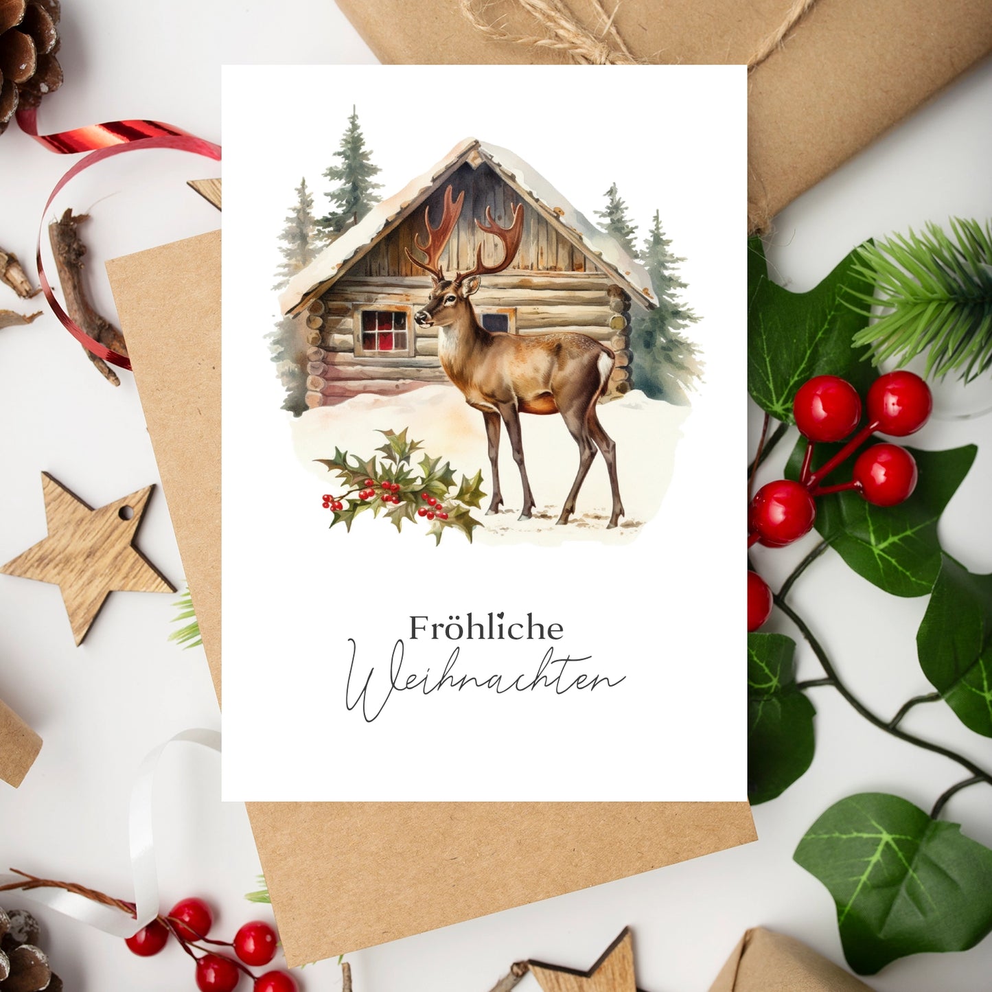 Einzigartige Weihnachtskarte mit Elchmotiv- Klappkarte mit braunem Umschlag