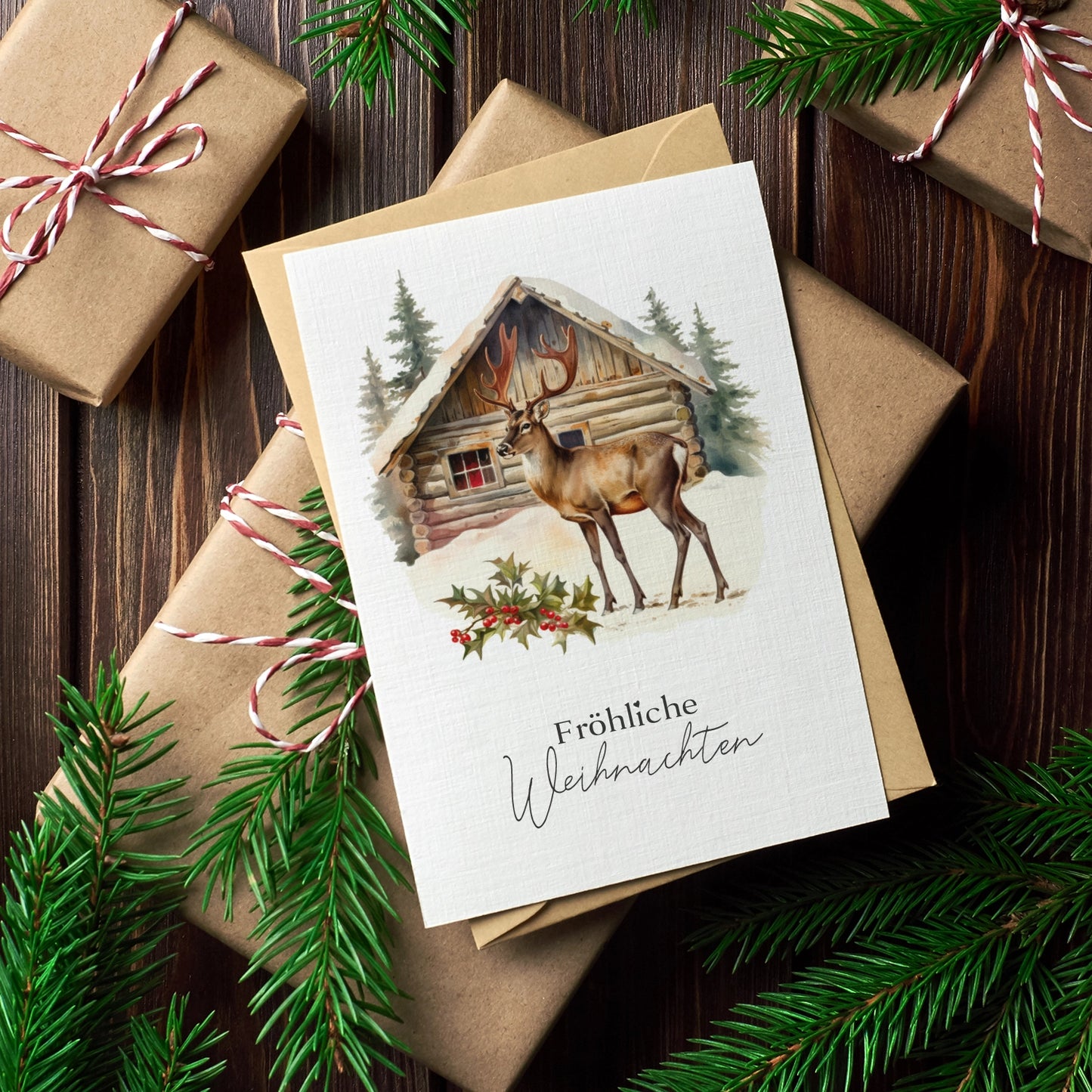 Einzigartige Weihnachtskarte mit Elchmotiv- Klappkarte mit braunem Umschlag