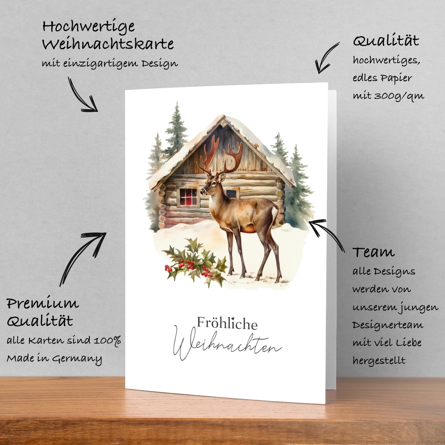 Einzigartige Weihnachtskarte mit Elchmotiv- Klappkarte mit braunem Umschlag