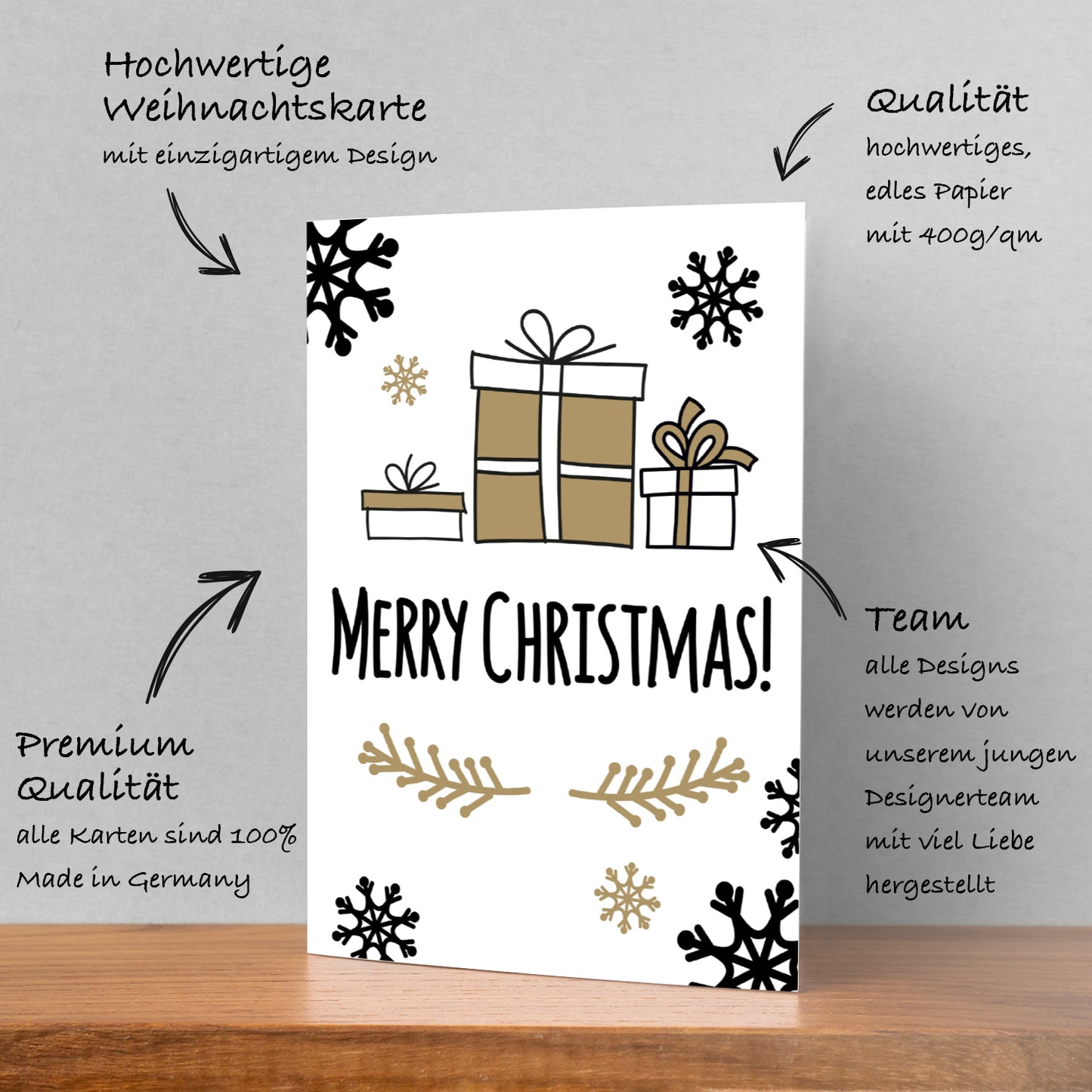 1 moderne Weihnachtskarte - Postkarte - mit Geschenkemotiv