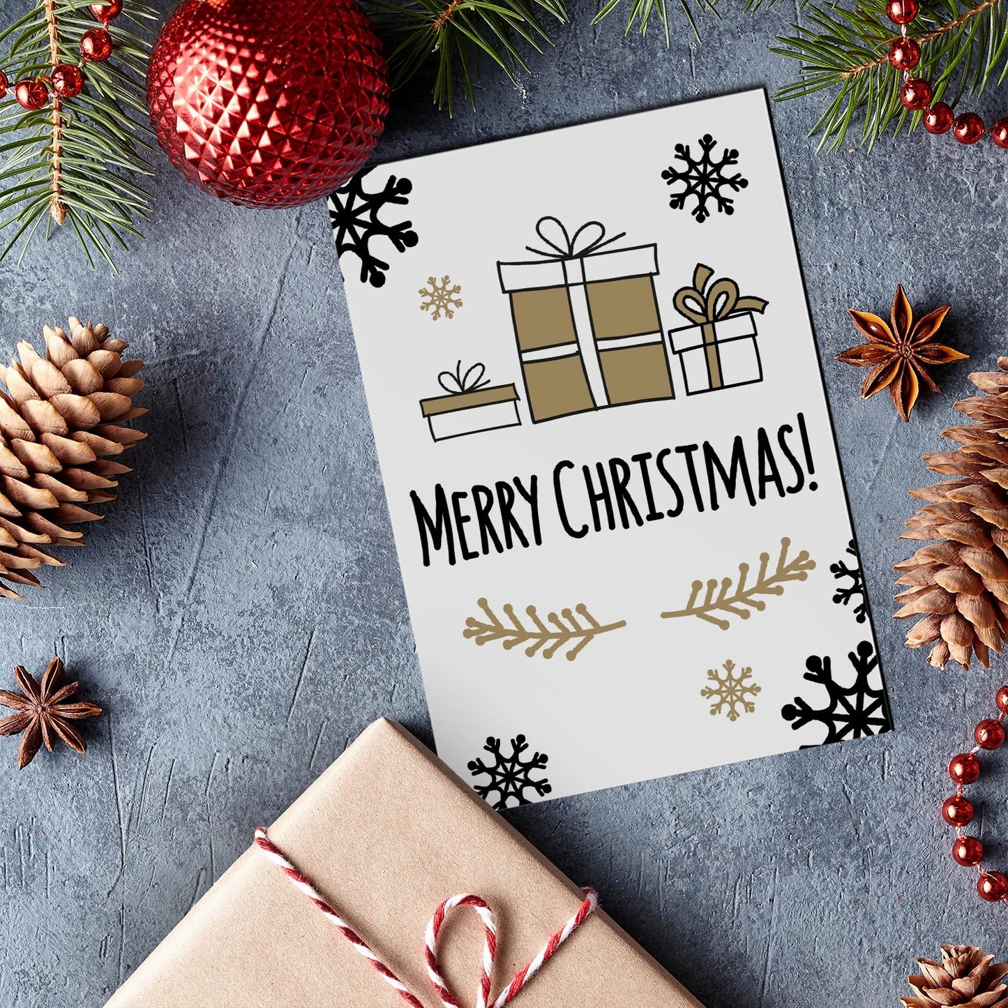 1 moderne Weihnachtskarte - Postkarte - mit Geschenkemotiv