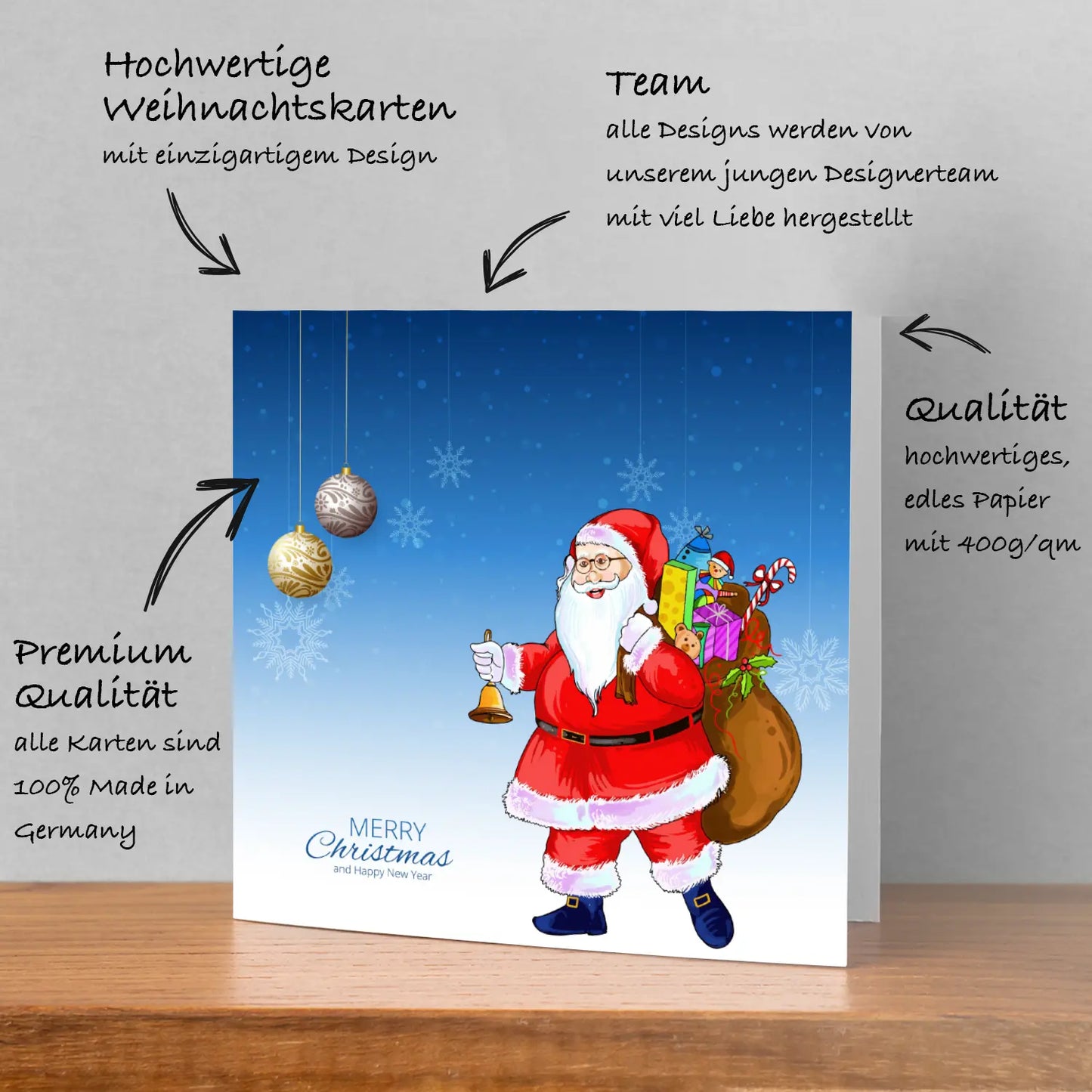 1 moderneWeihnachtskarte - Klappkarte mit Weihnachtsmannmotiv und Umschlag