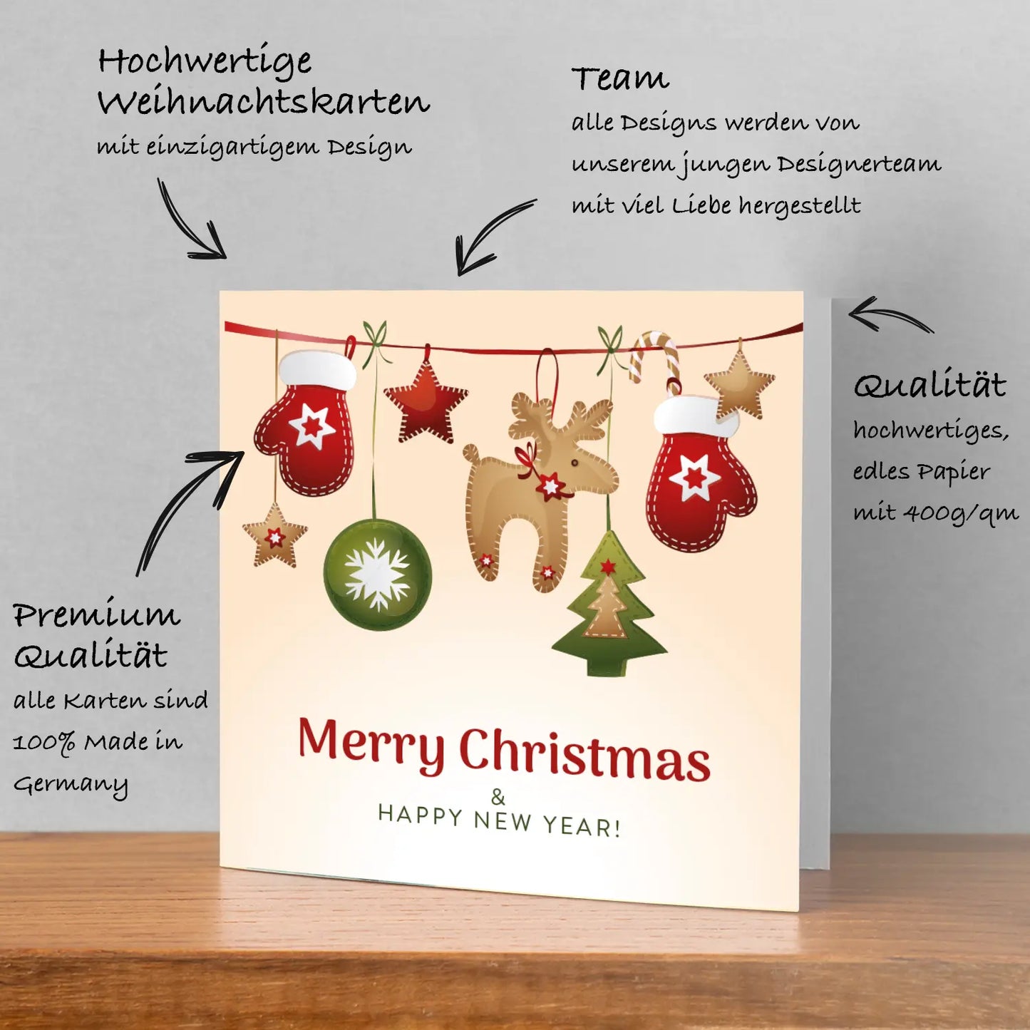 Einzigartige, quadratische Weihnachtskarte - Klappkarte mit weißem Kuvert