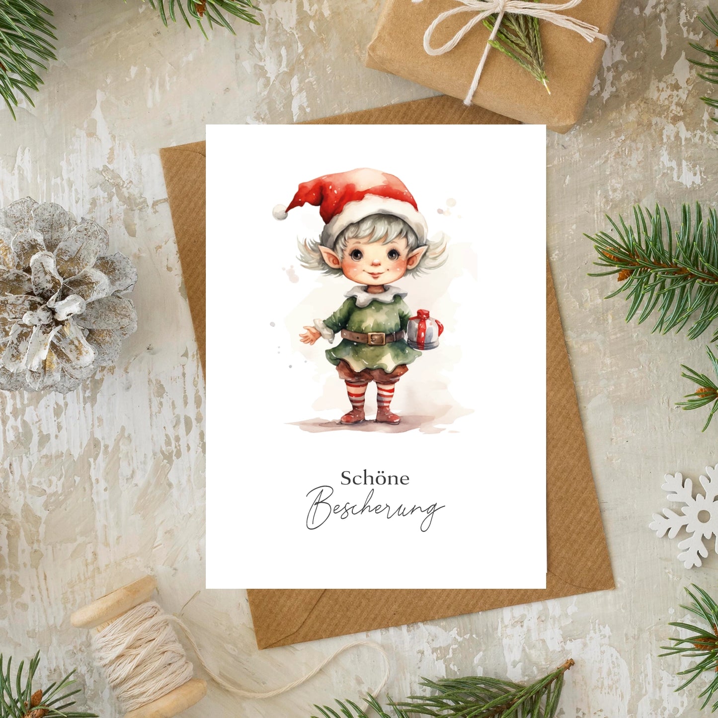 Einzigartige Weihnachtskarte mit Wichtelmotiv- Klappkarte mit braunem Umschlag