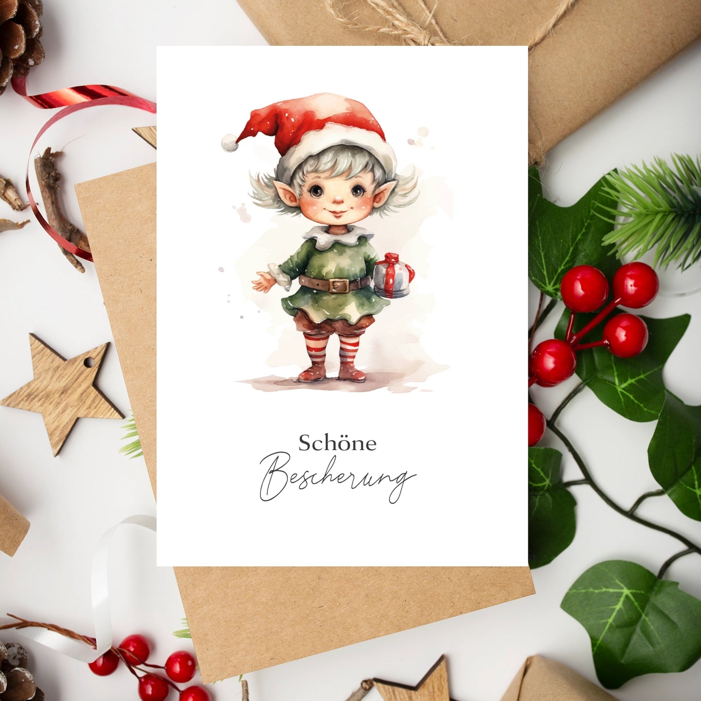 Einzigartige Weihnachtskarte mit Wichtelmotiv- Klappkarte mit braunem Umschlag