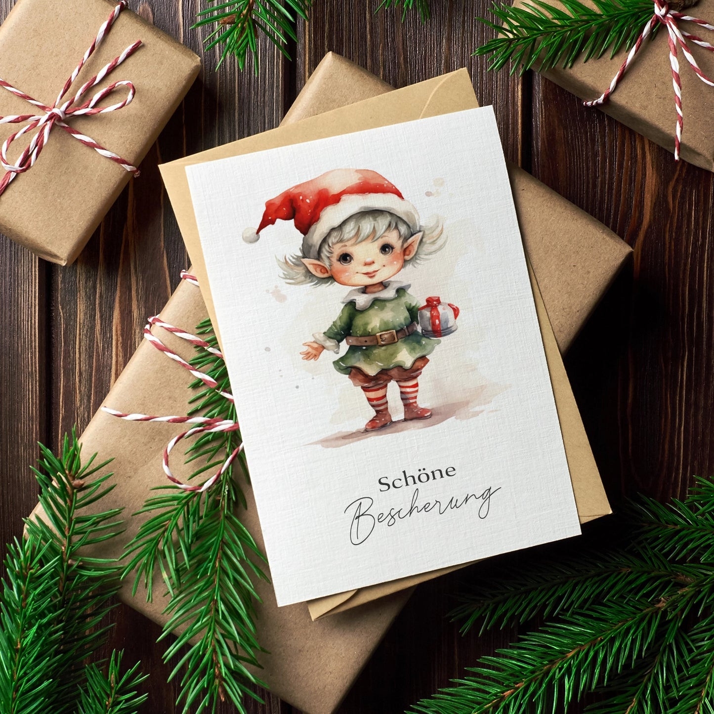 Einzigartige Weihnachtskarte mit Wichtelmotiv- Klappkarte mit braunem Umschlag