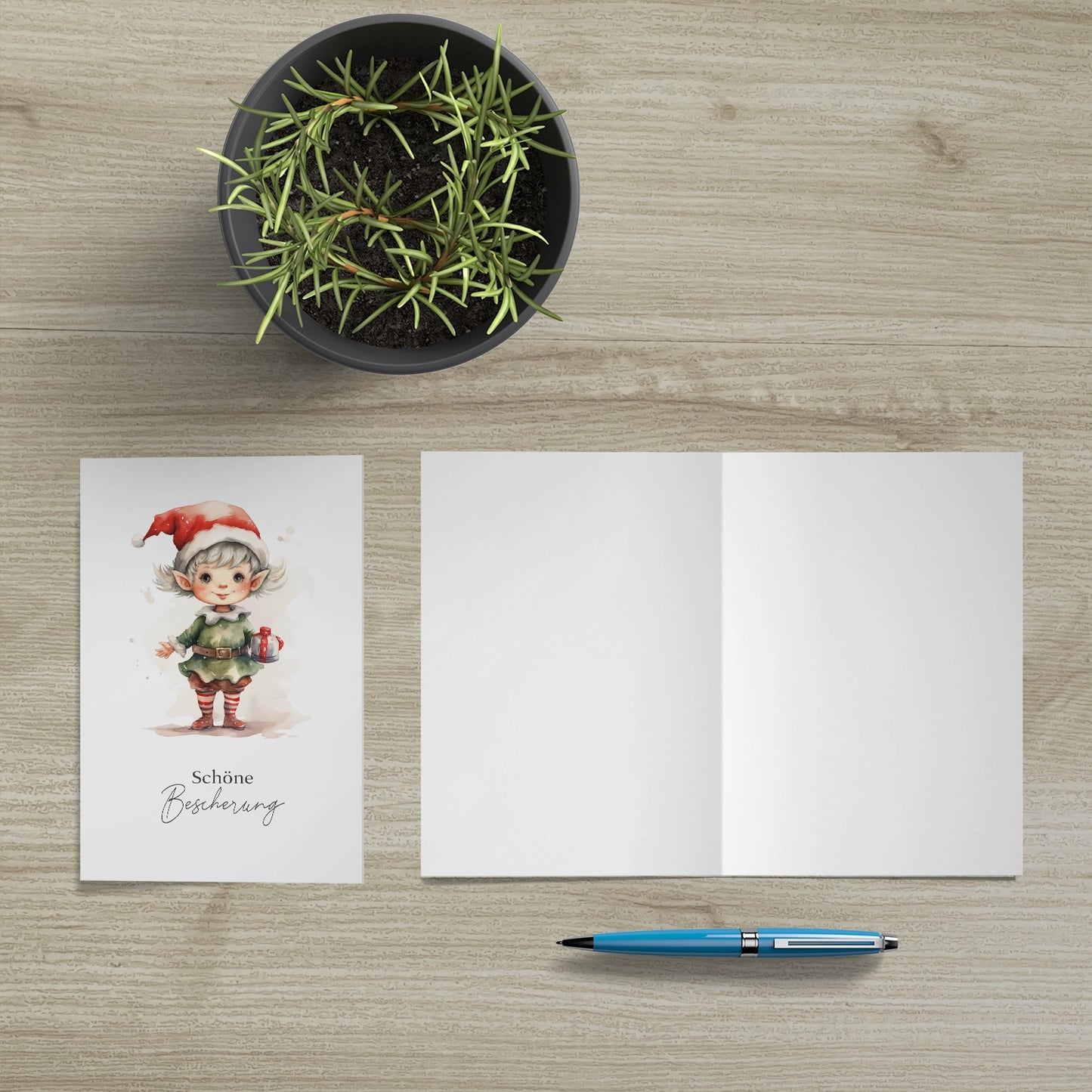 Einzigartige Weihnachtskarte mit Wichtelmotiv- Klappkarte mit braunem Umschlag