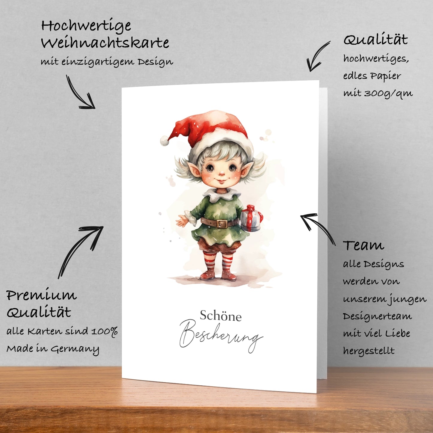 Einzigartige Weihnachtskarte mit Wichtelmotiv- Klappkarte mit braunem Umschlag