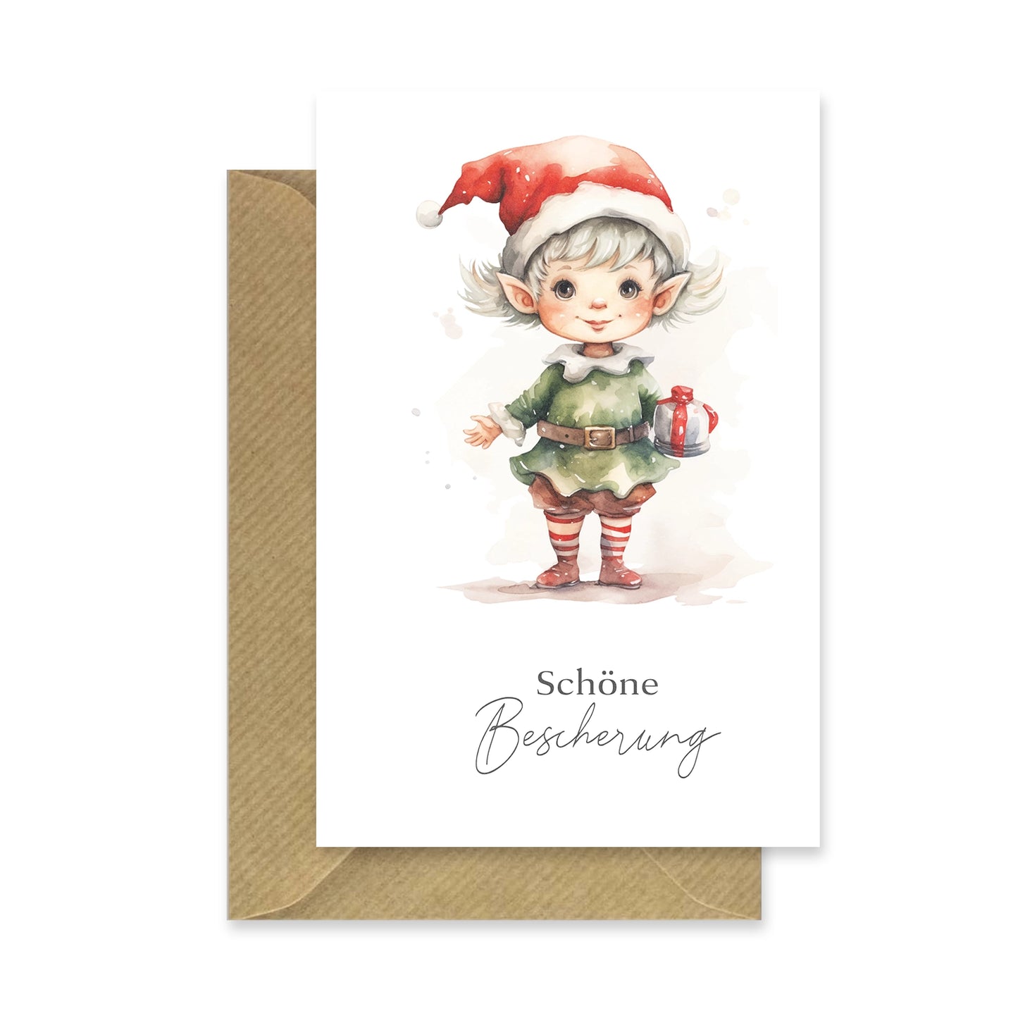 Einzigartige Weihnachtskarte mit Wichtelmotiv- Klappkarte mit braunem Umschlag
