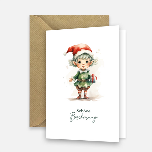 Einzigartige Weihnachtskarte mit Wichtelmotiv- Klappkarte mit braunem Umschlag Merz Designkarten