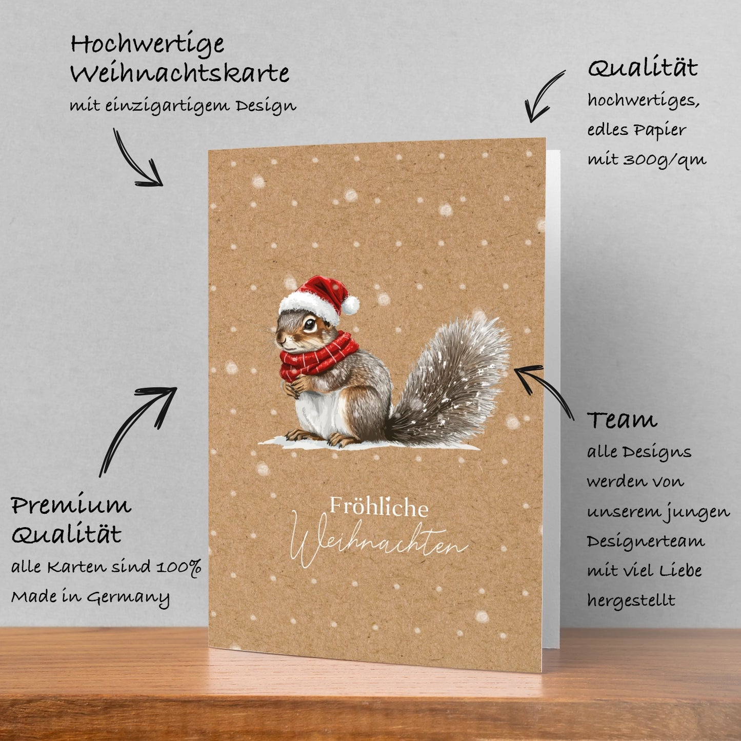 1 bezaubernde Weihnachtskarte mit Eichhörnchenmotiv -Klappkarte mit braunem Umschlag