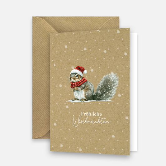 1 bezaubernde  Weihnachtskarte mit Eichhörnchenmotiv -Klappkarte mit braunem Umschlag Merz Designkarten