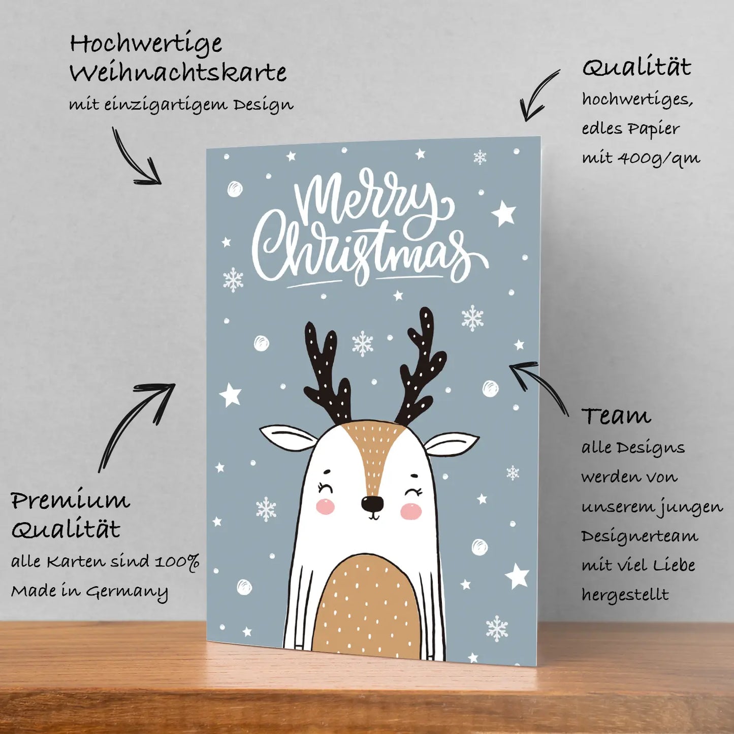 1 bezaubernde Weihnachtskarte - Postkarte - mit Rehmotiv