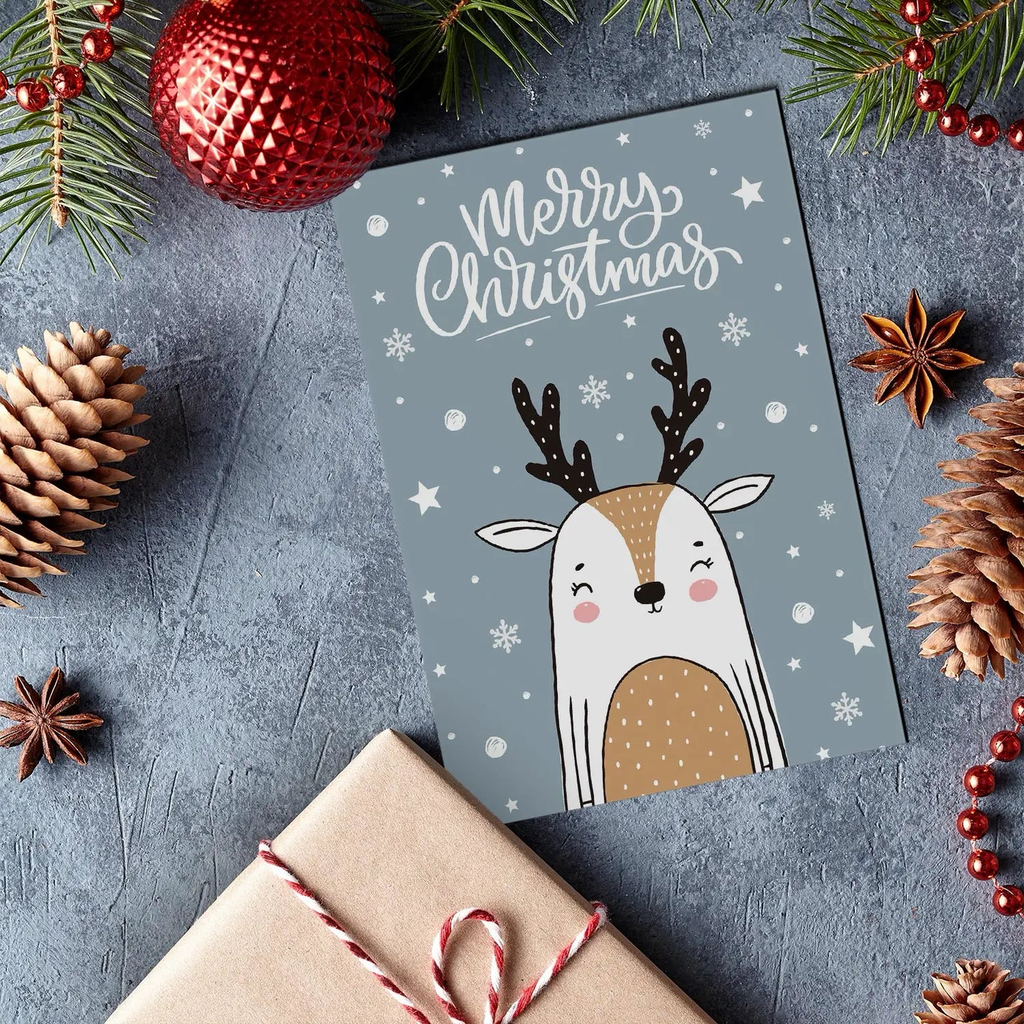 1 bezaubernde Weihnachtskarte - Postkarte - mit Rehmotiv