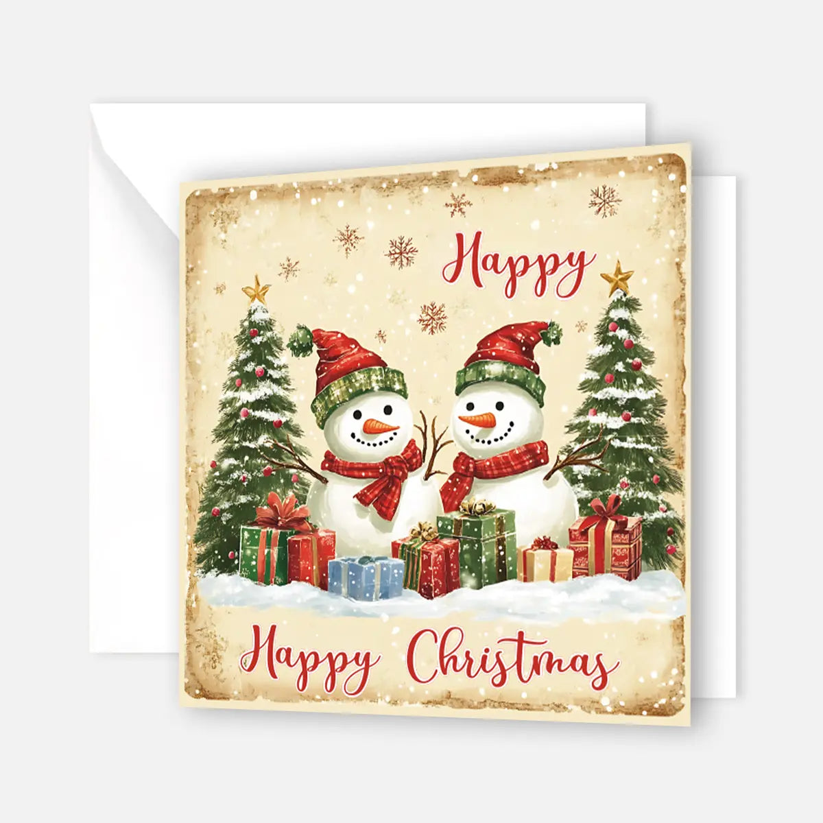 Quadratische Weihnachtskarte im Retro-Look- Schneemännder - mit weißem Kuvert