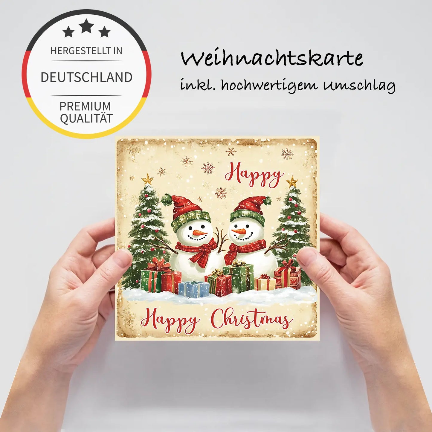Quadratische Weihnachtskarte im Retro-Look- Schneemännder - mit weißem Kuvert