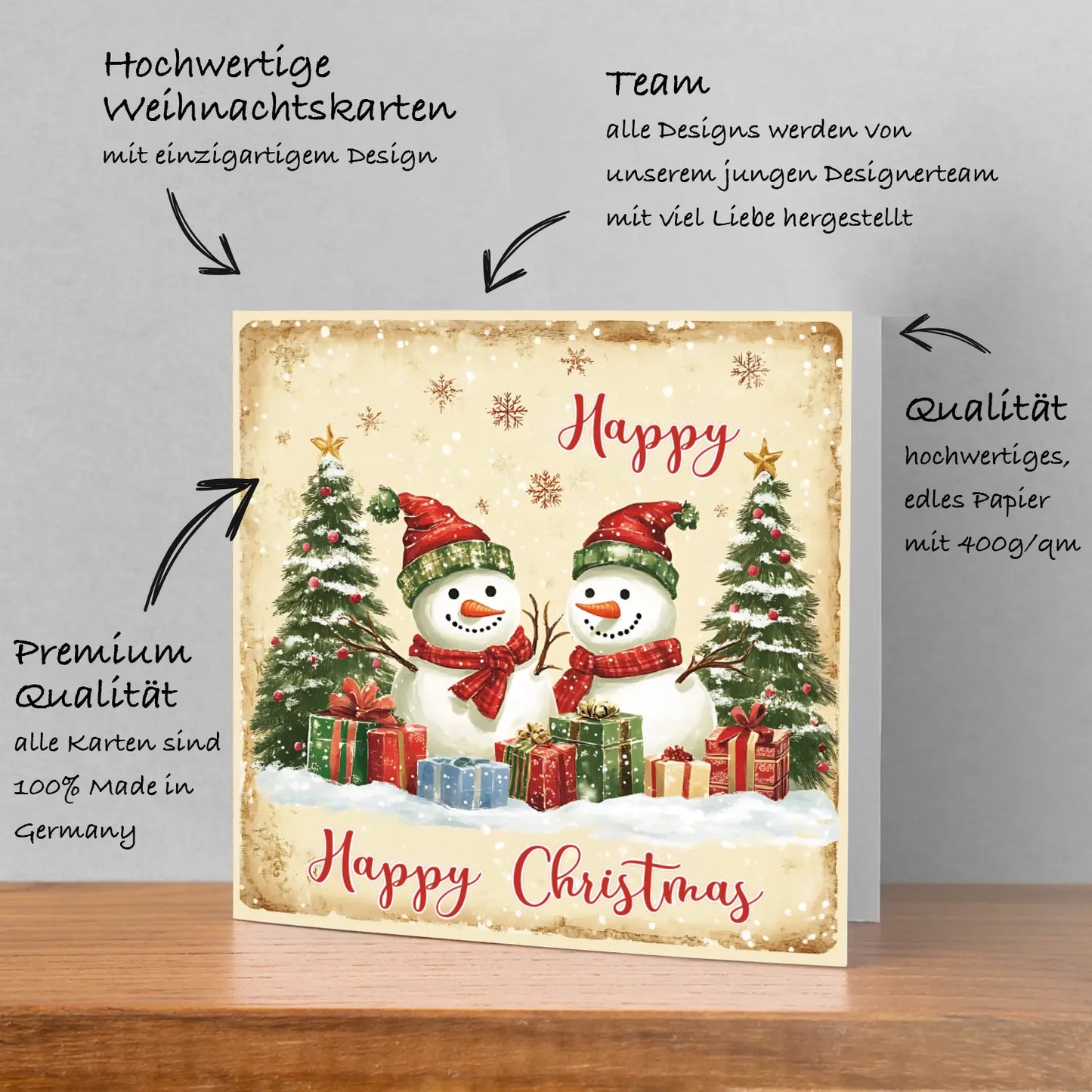 Quadratische Weihnachtskarte im Retro-Look- Schneemännder - mit weißem Kuvert