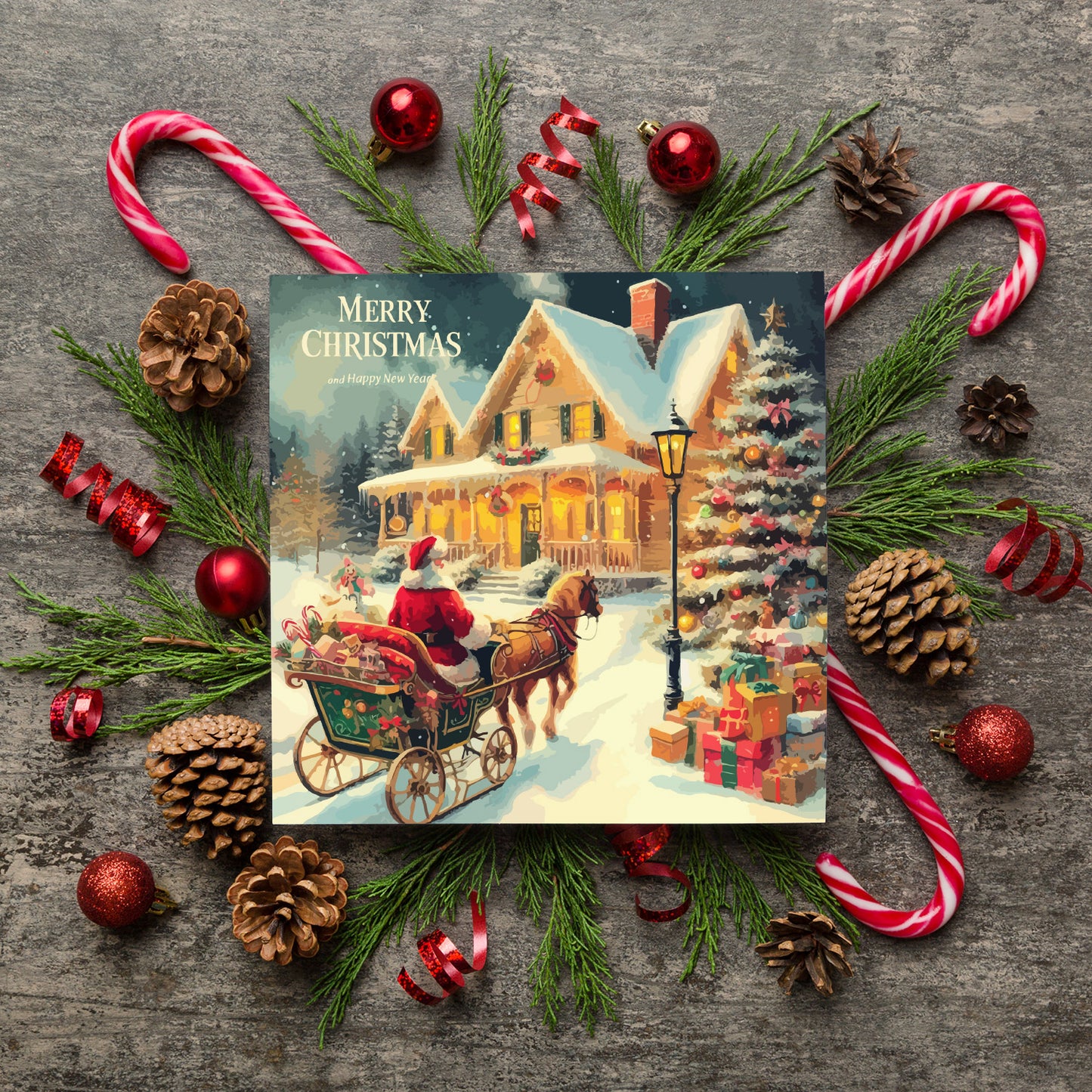 Weihnachtskarte im Retro-Look- mit weißem Kuvert 14,8x14,8cm
