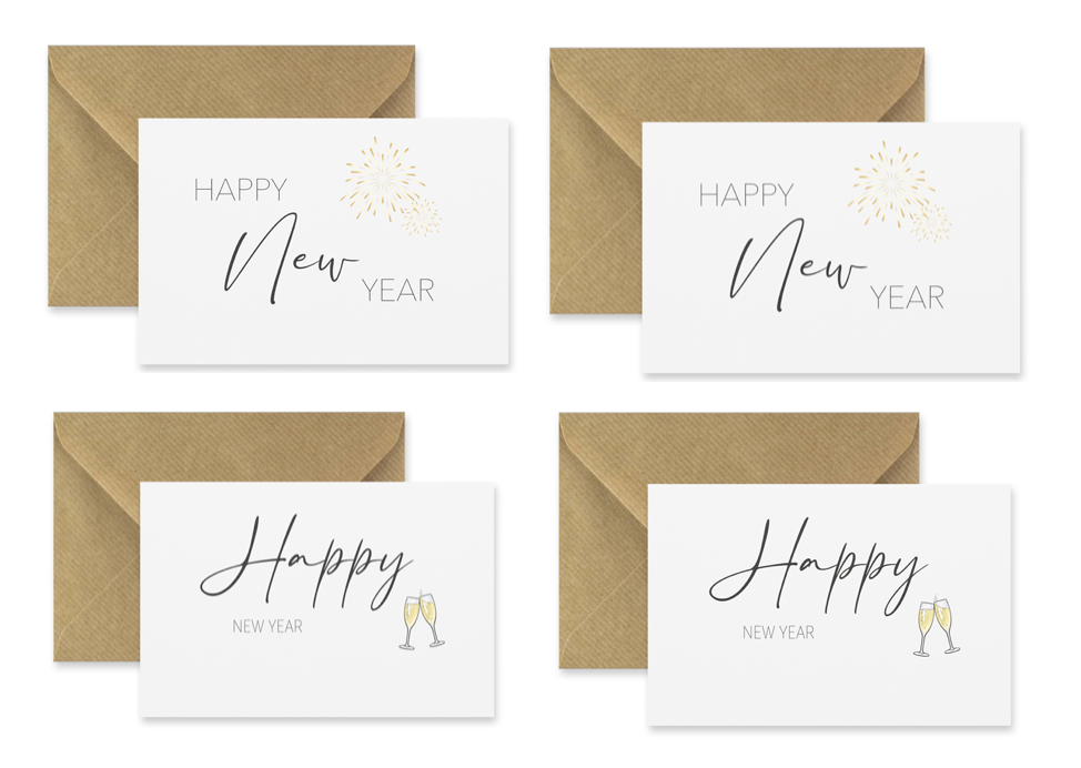 4 Grußkarten Neujahr Neujahrskarten 10,5x14,8cm Klappkarten 4 Umschläge new year