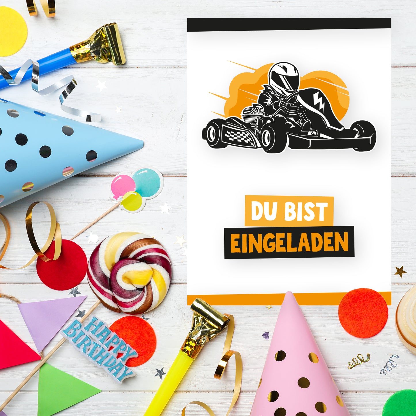 12 Einladungskarten Kindergeburtstag Kart Postkarten 14,8x10,5cm + 12 Umschläge