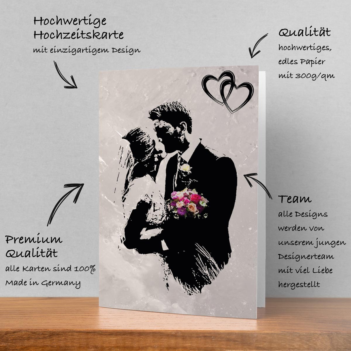 1 Hochzeitskarte 18x12cm mit Umschlag Glückwunschkarte zur Hochzeit Klappkarte