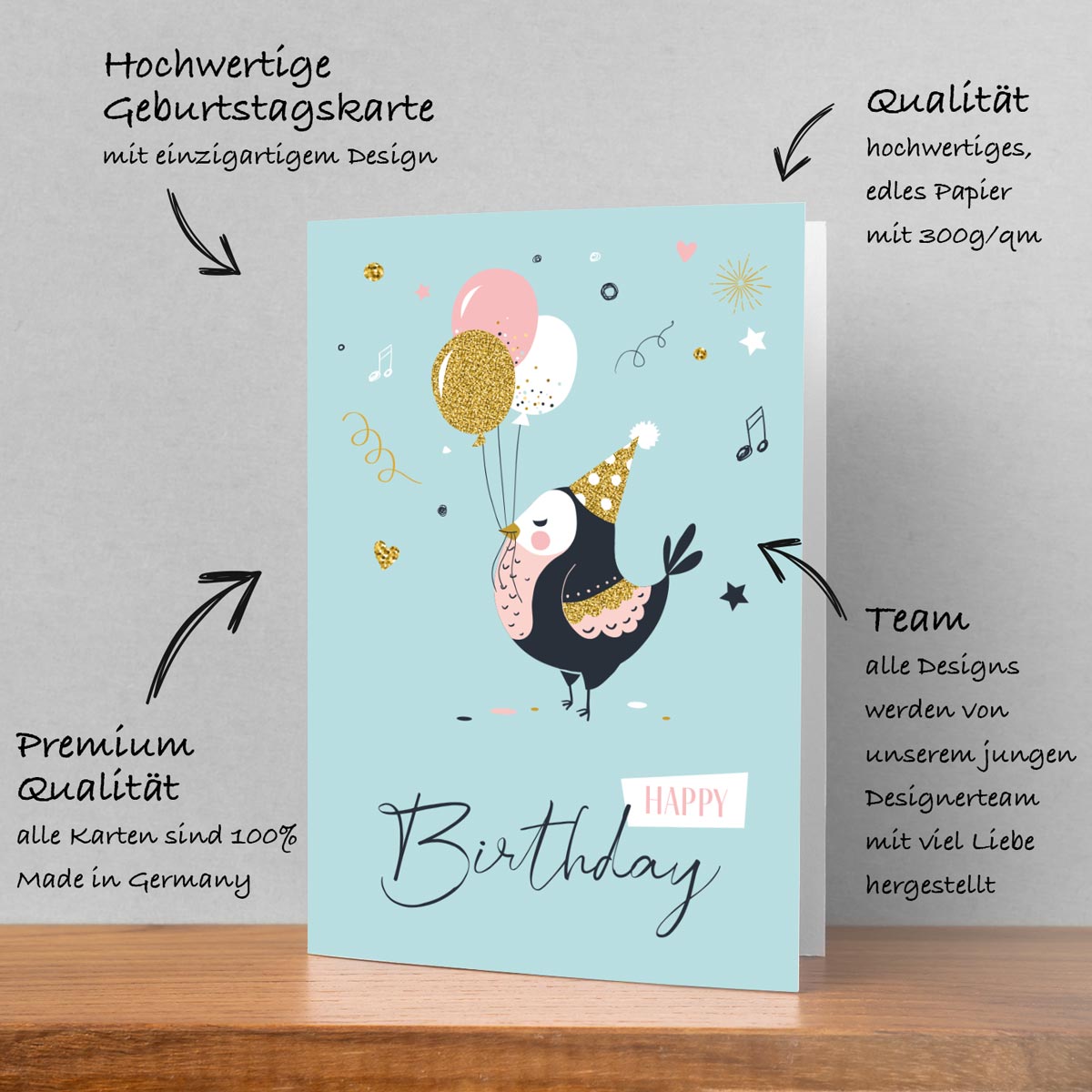 1 Premium Geburtstagskarte Happy Birthday 18x12cm mit Umschlag